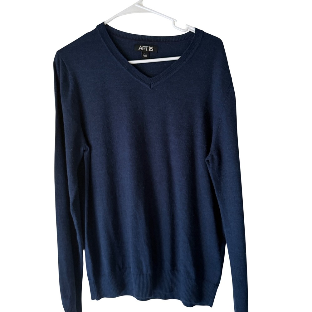 APT 9‎ Mens Navy Blue V Neck Merino Wool Acrylic Blend Sweater Size L Preppy